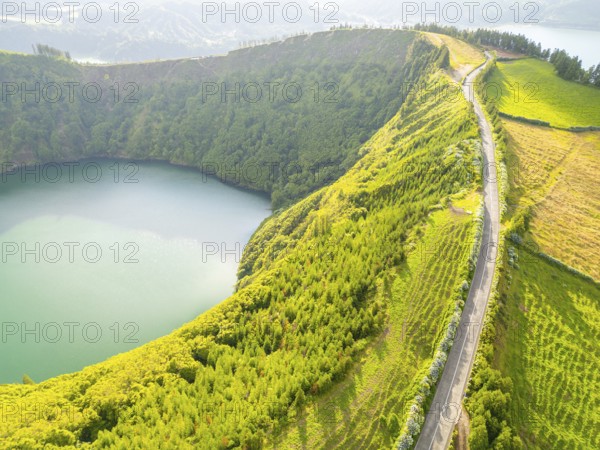 Road with Hydrangeas. Green Fields, Forest, Hills and Lake. Azores, Sao Miguel Island. Portugal.