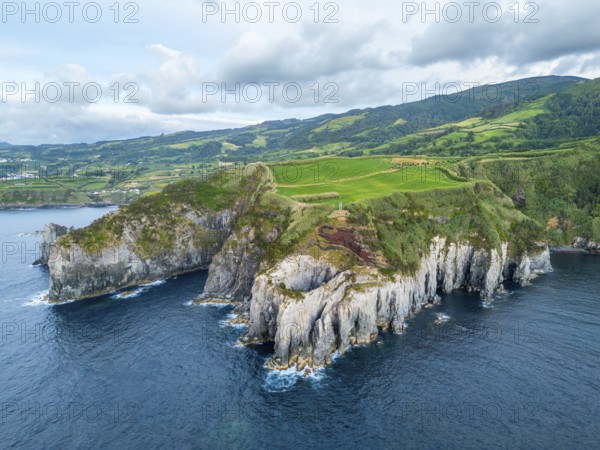 Cape Furado, Cliffs, Green Lush Hills, Fields, Pasturelands and Atlantic Ocean. Azores, Sao Miguel