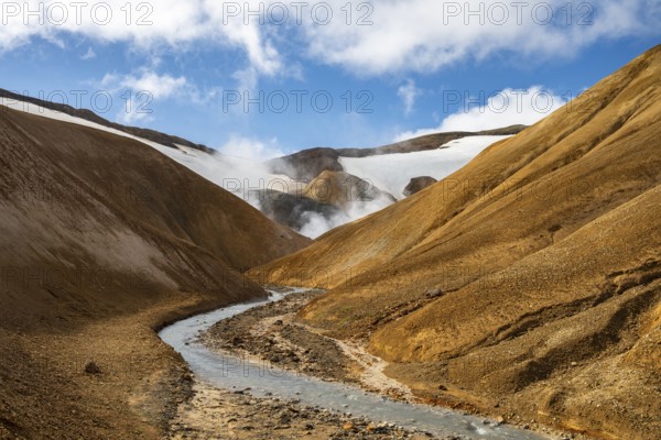 Steaming springs and colourful rhyolite mountains, Hveradalir geothermal area, Kerlingarfjöll,