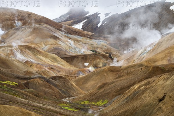 Steaming springs and colourful rhyolite mountains, Hveradalir geothermal area, Kerlingarfjöll,