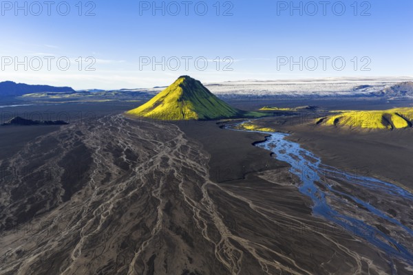 Moss-covered mountain Mælifell, Maelifell, behind glacier Myrdalsjökull, Icelandic Highlands,