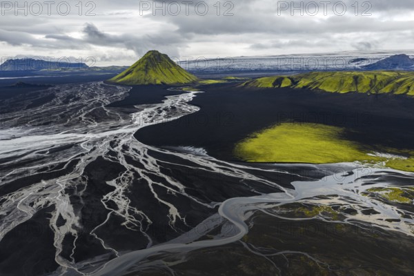 Moss-covered mountain Mælifell, Maelifell, behind glacier Myrdalsjökull, Icelandic Highlands,