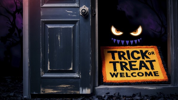 A dark doorway features an ominous figure with glowing eyes. A vibrant welcome mat with Halloween