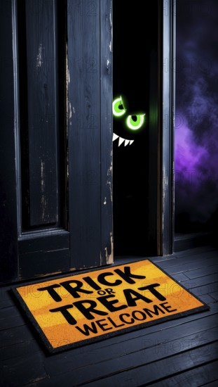 A dark door slightly ajar reveals a hidden monster with glowing green eyes and a spooky atmosphere,