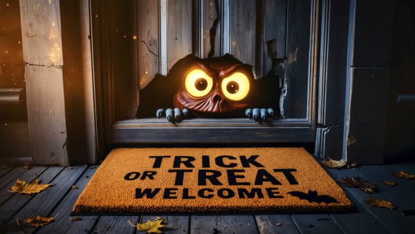 An eerie wooden door revealing a monster with yellow glowing eyes peeking through a hole. A trick