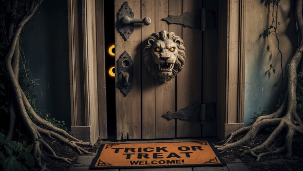 Two bright yellow eyes peer out from the wooden door with a lion knocker, waiting for trick or