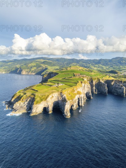 Cape Cintrao, Cliffs, Green Lush Hills, Fields, Pasturelands and Atlantic Ocean. Azores, Sao Miguel