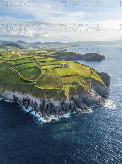 Cape Cintrao, Cliffs, Green Hills, Fields with Pasturelands and Atlantic Ocean. Azores, Sao Miguel