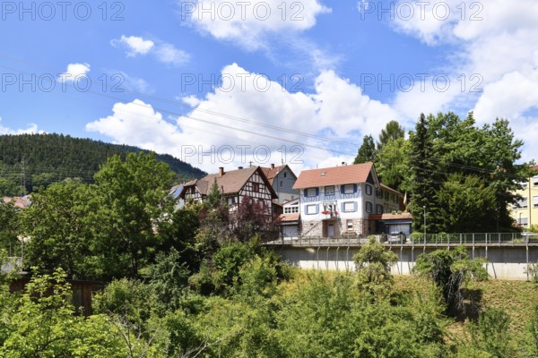 Forbach, Germany - July 12th 2025: Buildings surrounded by trees in Forbach. Scenic summer view of
