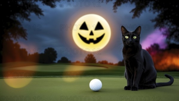 A black cat sits by a golf ball under a glowing jack-o'-lantern moon in a shadowy landscape on
