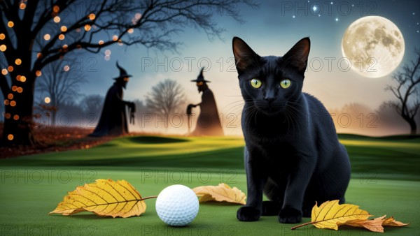 A black cat sits near a golf ball and autumn leaves, with witches and a full moon in the background