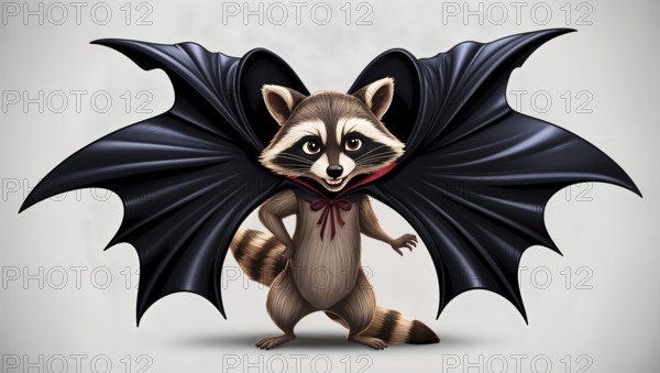 Cartoon raccoon wearing a black cape that flutters in the wind like the large wings of a bat,