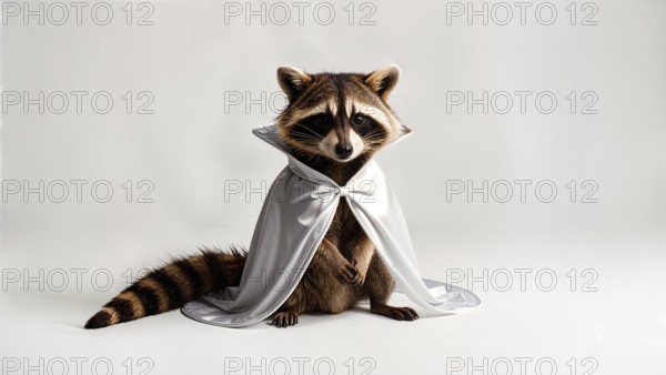 Raccoon dressed as a ghost for a Halloween party, wearing a white cloak with a small bow, against a