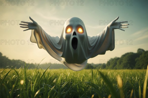 A scary ghost with glowing eyes floats over a grassy field at dusk, creating an eerie atmosphere,