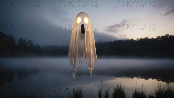 A ghost with glowing eyes hovers above a calm lake on Halloween night. Mist rolls over the water as
