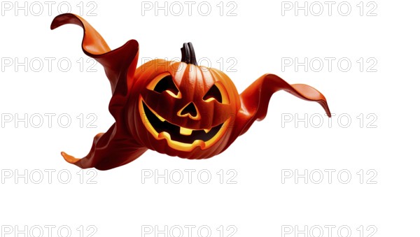 A cheerful jack-o'-lantern with a friendly grin and swaying ghostly drapes floats in the air on