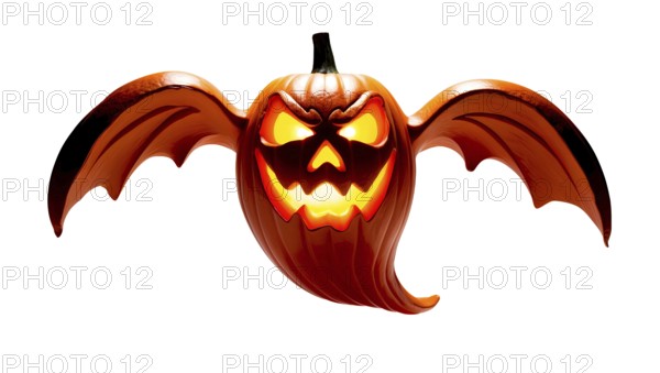 A glowing jack-o'-lantern pumpkin carved like a ghost with bat wings flying on a white background.