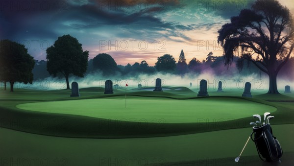 A misty golf course sets the scene for Halloween night. Ghostly fog blankets the ground while
