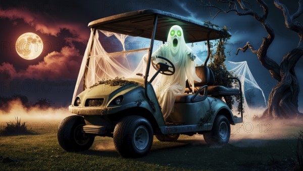 In a dark, eerie setting, a ghostly figure with a glowing green face is seen driving a golf cart