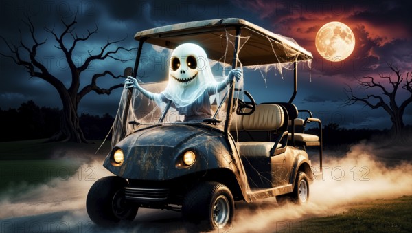 A ghostly figure in a white sheet drives a golf cart through a misty, eerie scene at night. The