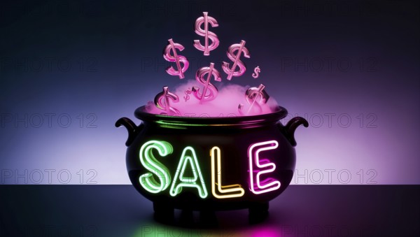 A black cauldron emits a colorful neon sale sign while dollar signs magically rise from the