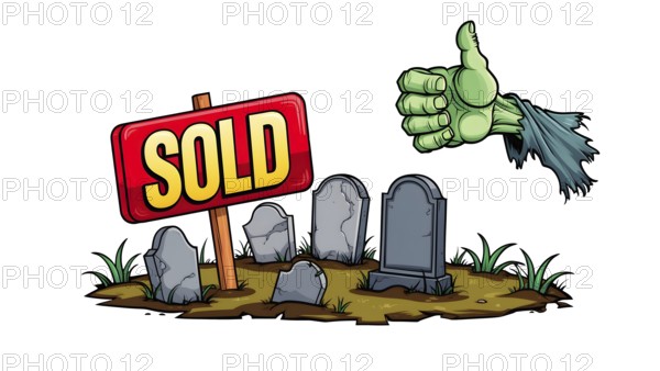 A cartoon scene shows a graveyard with several tombstones, a sold sign, and a green zombie hand