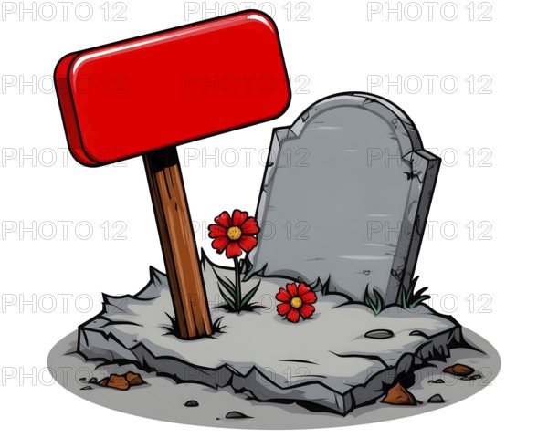 A red sign on a signpost stuck in the adorned with red flowers grave, leans against a concrete