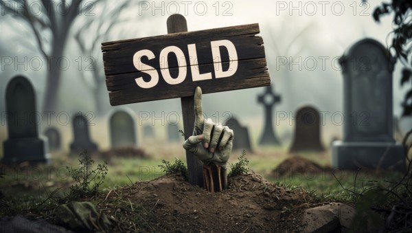 Zombie hand emerging from the ground points to a sold sign on a gravestone in a cemetery.
