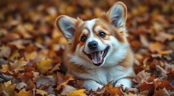 A playful corgi enjoys an afternoon among fallen leaves, surrounded by warm autumn colors. AI