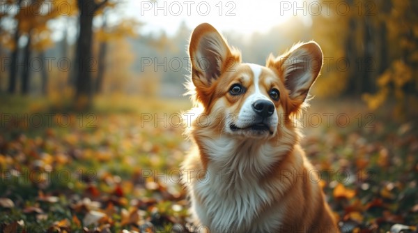 Welsh corgi sitting in a vibrant autumn park with gentle rain and warm colors, bokeh background