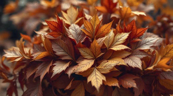 Bouquet of vibrant autumn leaves displaying warm colors against a soft autumn backdrop. AI