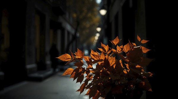 A bouquet of warm autumn leaves stands out in low key lighting, casting deep shadows along a serene