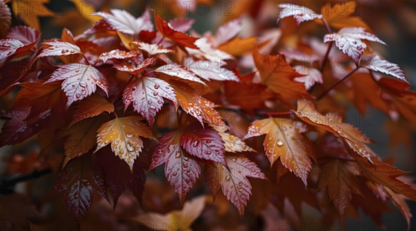 A bouquet of vibrant wet autumn leaves showcases rich hues of red and orange, glistening in the