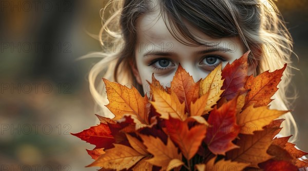 Girl stands in a park, obscuring her face with a bright bouquet of autumn leaves, copy space. AI