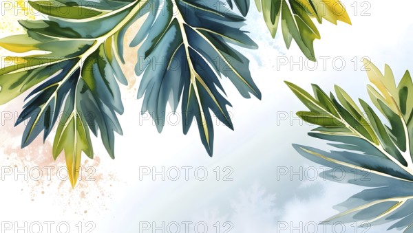 Green leaves in watercolor style, highlighting their unique shapes and textures against a stark
