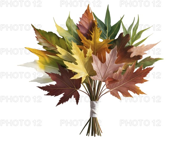 A vibrant bouquet made of various autumn leaves in rich colors, showcasing hues of red, yellow, and