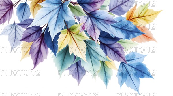 Delicate watercolor artwork featuring a bouquet of autumn leaves showcasing vibrant blues, greens,