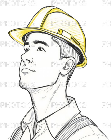 Hand-drawn pencil sketch of a construction worker wearing a yellow hard hat. The worker is looking