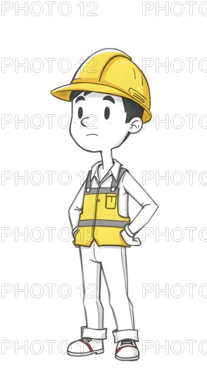 Cartoonish construction worker boy in a yellow hard hat and vest is depicted standing with hands on