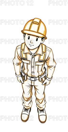 A cartoon construction worker, wearing a yellow safety hat and sturdy clothing, stands with hands