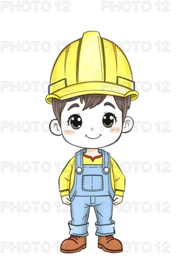 Hand-drawn pencil sketch of an adorable cartoon construction worker wearing a yellow hard hat and