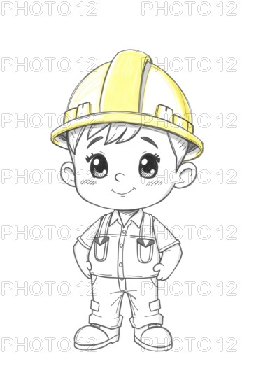 Isolated cartoon little boy contractor stands with his hands on his hips in pencil sketch style