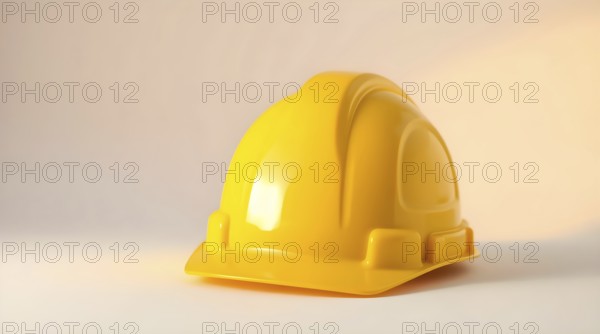 A bright yellow construction hard hat sits against a light background, illuminated by studio