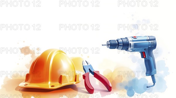 Construction helmet, pliers, and a drill, blended together in a vibrant watercolor style,