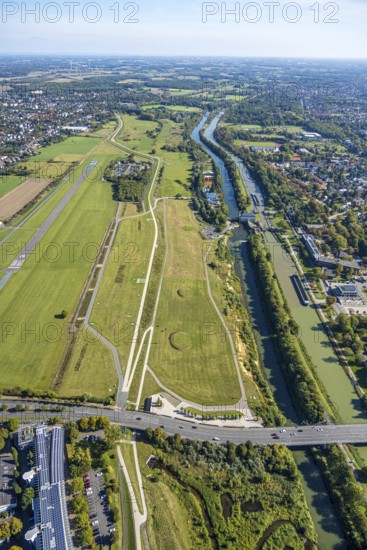 Aerial photograph, Hamm-Lippewiesen airfield and the Datteln-Hamm canal and Lippe river experience