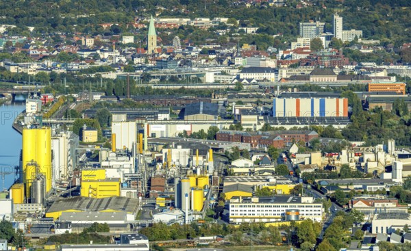 Aerial view, harbour with Brökelmann oil mill and view to the city with St. Paul's church, district