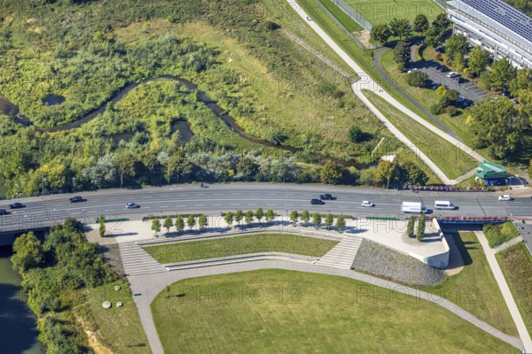 Aerial view, floodplain park with viewing platform, Münsterstraße federal road B63, centre, Hamm,
