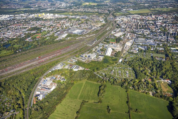 Aerial view, marshalling yard Hamm, industrial area Östingstraße, view to the harbour, railway