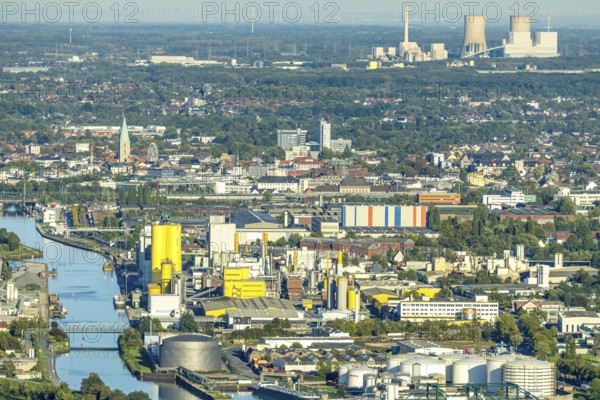 Aerial view, harbour with Voestalpine Boeler and view to the city with St. Paul's Church, behind