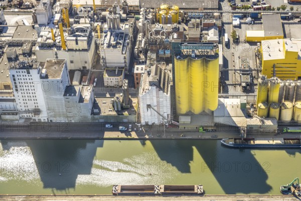Aerial view, harbour area, Brökelmann und Co. oil mill in the harbour at the Datteln-Hamm canal,